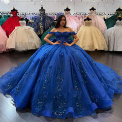 Royal Blue Off-Shoulder Ball Gown Sparkling 3D Flower Appliques & Bow Detail Quinceanera Dress for Sweet 16 Evening & Formal Events