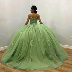 Sage Green Quinceanera Dress Strapless Lace Ball Gown with 3D Floral Beading for Sweet 16 & Special Occasions