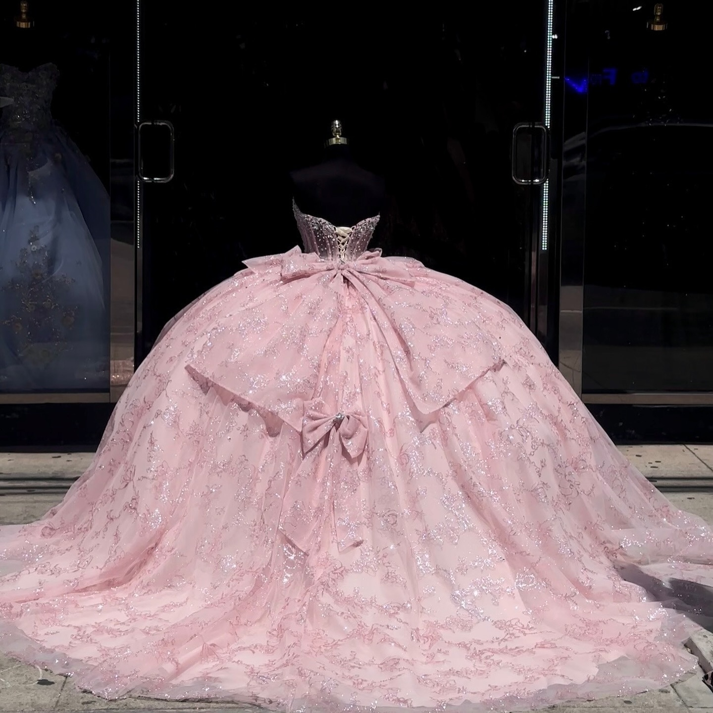 Strapless Ball Gown Sparkling Sequins & Beaded Bow Detail for Quinceanera Sweet 16 or Birthday Party