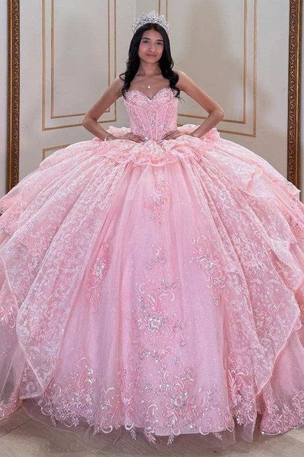 Strapless Ball Gown with Beaded Ruffles & Sequins Sparkly Tulle Quinceanera Dress for Sweet 16 Birthday & Formal Events