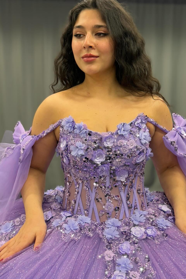 Off-Shoulder Purple Ball Gown Sequined 3D Floral Applique Pleated Tulle Quinceanera & Sweet 16 Party Dress
