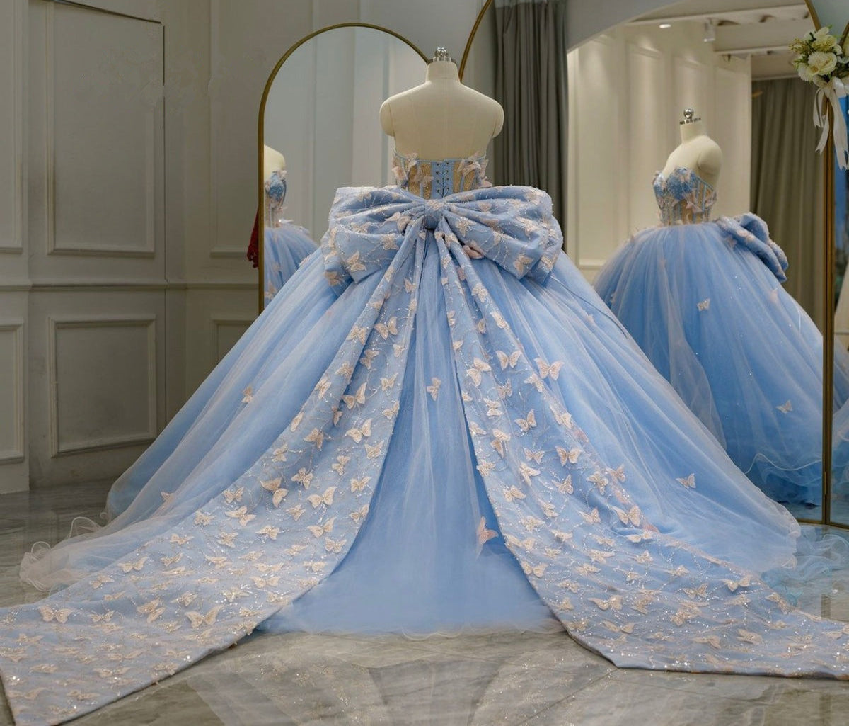 Sky Blue Ball Gown Sweetheart Neckline with 3D Butterfly Lace & Beaded Tulle for Quinceanera Sweet 16 or Princess Birthday Party