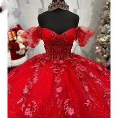 Off-Shoulder Red Quinceanera Dress Lace Applique & Beaded Tulle Princess Gown for Sweet 16 or Birthday Celebrations