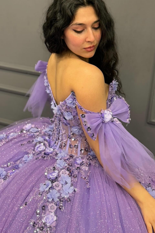 Off-Shoulder Purple Ball Gown Sequined 3D Floral Applique Pleated Tulle Quinceanera & Sweet 16 Party Dress