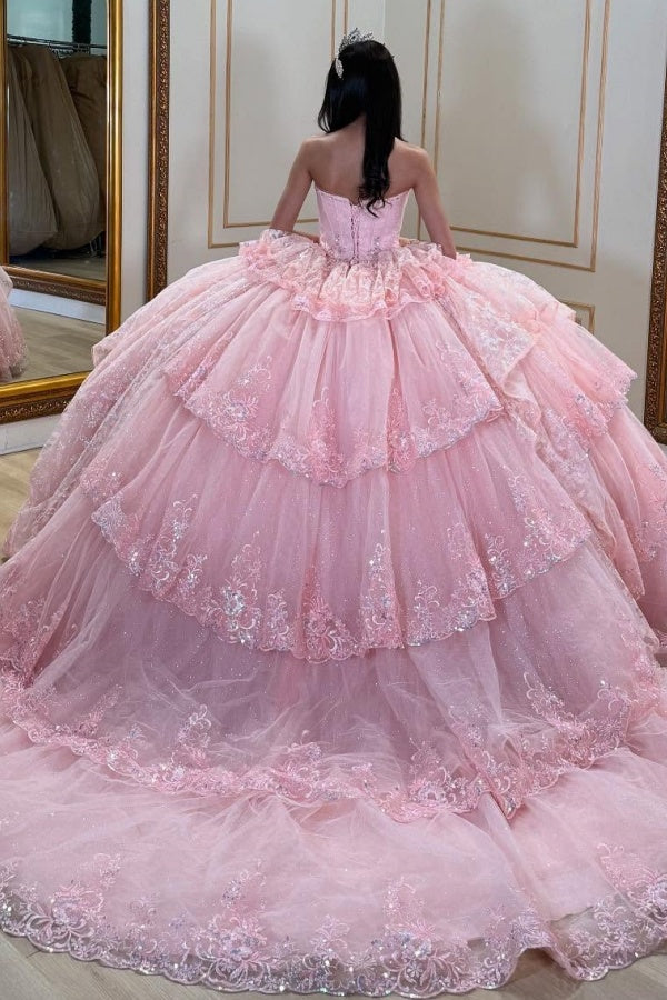 Strapless Ball Gown with Beaded Ruffles & Sequins Sparkly Tulle Quinceanera Dress for Sweet 16 Birthday & Formal Events