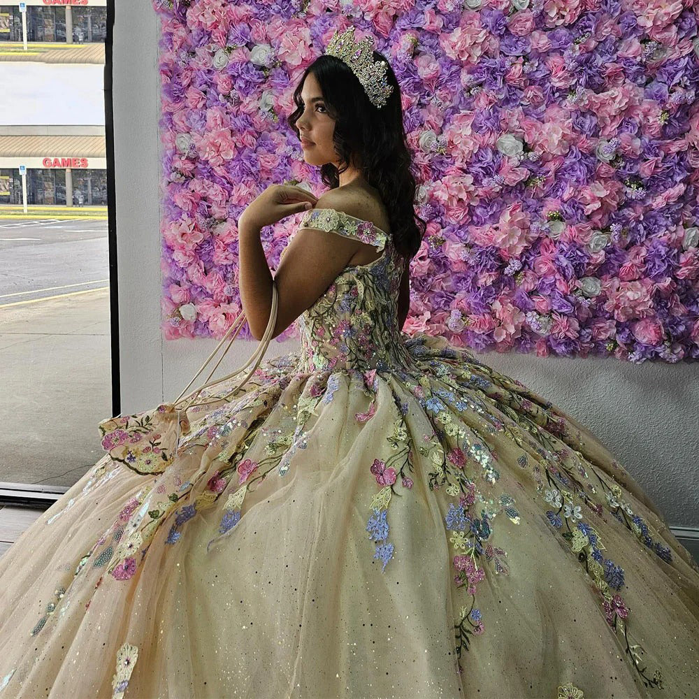 Off-Shoulder Ball Gown with 3D Floral Applique & Beaded Tulle Perfect for Quinceanera & Sweet 16 Celebrations