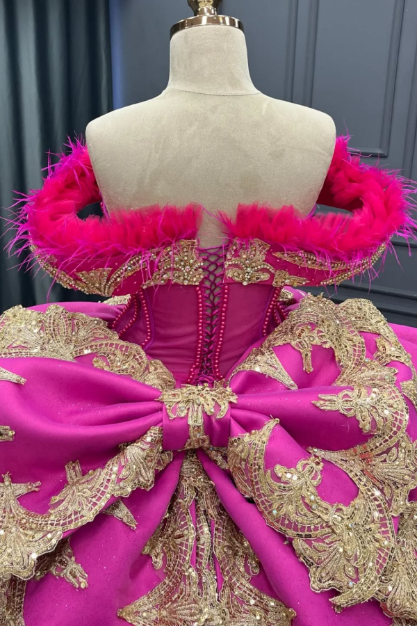 Exquisite Fuchsia Satin Quinceanera Dress Off-Shoulder Ball Gown with Beaded Feather Gold Appliques for Sweet 16 & Evening Galas