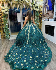 Exquisite Hunter Green Quinceanera Dress 3D Gold Butterfly Lace Sequined Beading & Tulle Ball Gown for Sweet 16