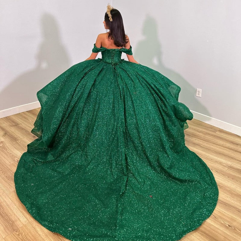 Exquisite Off-Shoulder Ball Gown with Intricate Appliques Sparkling Green Tulle Quinceanera Dress for Sweet 16 & Princess Weddings