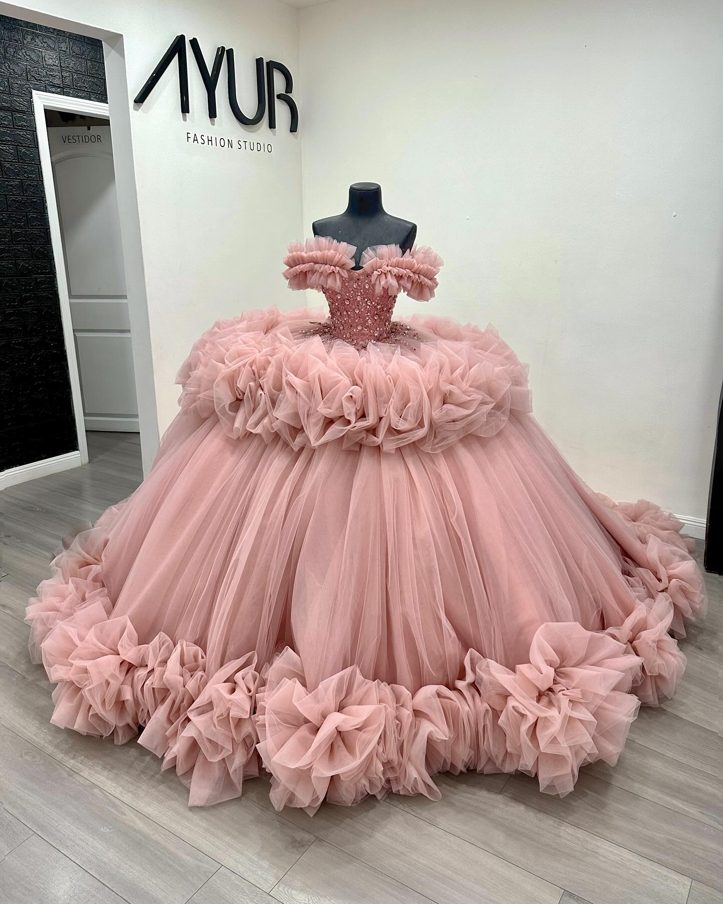 Off-Shoulder Ball Gown Beaded Crystal Sequins Tiered Pink Tulle Quinceanera & Formal Evening Dress