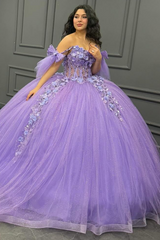 Off-Shoulder Purple Ball Gown Sequined 3D Floral Applique Pleated Tulle Quinceanera & Sweet 16 Party Dress