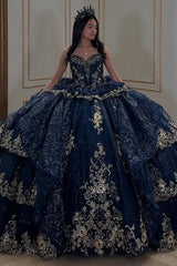 Strapless Ball Gown with Beaded Ruffles & Sequins Sparkly Tulle Quinceanera Dress for Sweet 16 Birthday & Formal Events