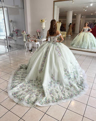 Exquisite Mint Green Ball Gown Off-Shoulder Corset with 3D Floral Lace Appliques for Quinceanera & Sweet 16