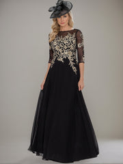 Floor-length A-line Princess Gown with Jewel Neckline and Lace Ruffle Details