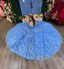 Off-Shoulder Ball Gown Floral Lace Appliques Tiered Ruffles & Beaded Blue Tulle Princess Dress for Quinceanera Sweet 16 & Evening Galas