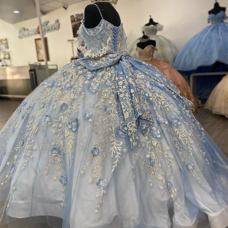 Sky Blue Tulle Princess Ball Gown V-Neck Spaghetti Straps Floral Appliques & Beaded Lace-Up for Quinceanera or Sweet 16