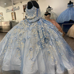 Sky Blue Tulle Princess Ball Gown V-Neck Spaghetti Straps Floral Appliques & Beaded Lace-Up for Quinceanera or Sweet 16