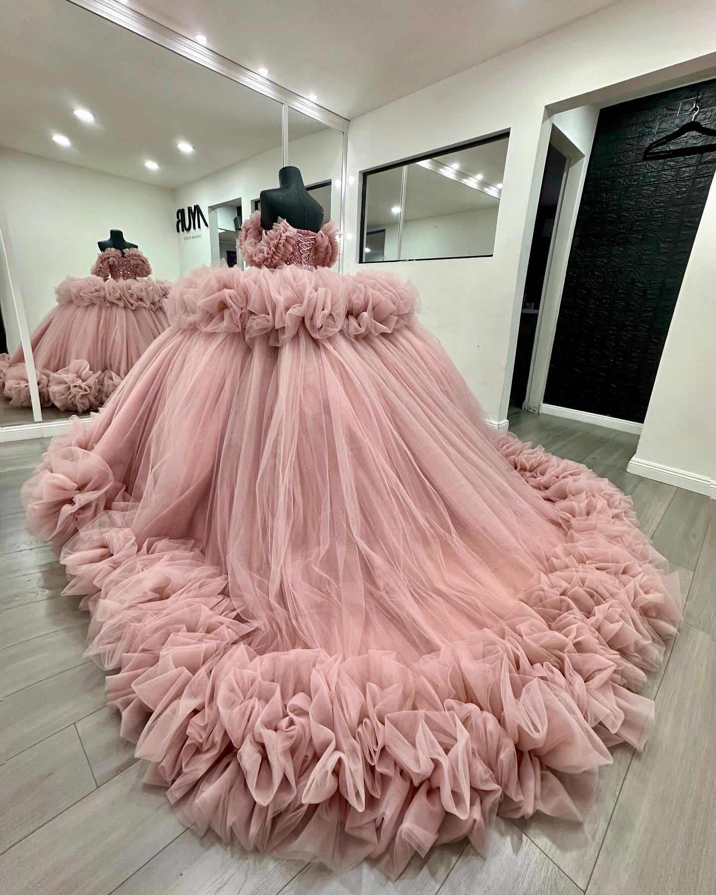Off-Shoulder Ball Gown Beaded Crystal Sequins Tiered Pink Tulle Quinceanera & Formal Evening Dress