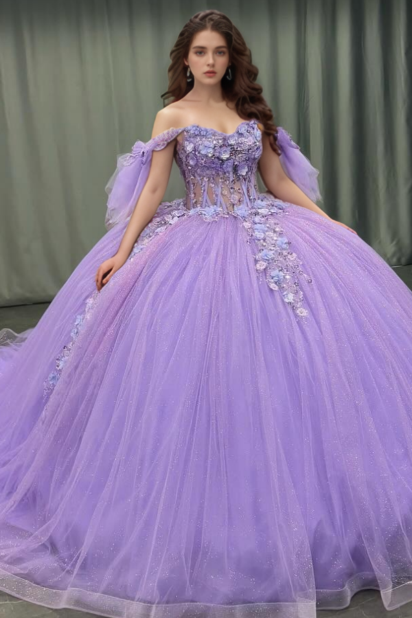 Off-Shoulder Purple Ball Gown Sequined 3D Floral Applique Pleated Tulle Quinceanera & Sweet 16 Party Dress