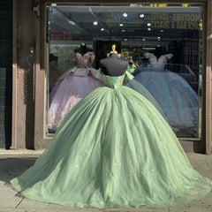 Sage Green Off-Shoulder Ball Gown with Beaded Detailing & Glitter Tulle Skirt Perfect for Quinceanera Sweet 16 and Formal Evening Events