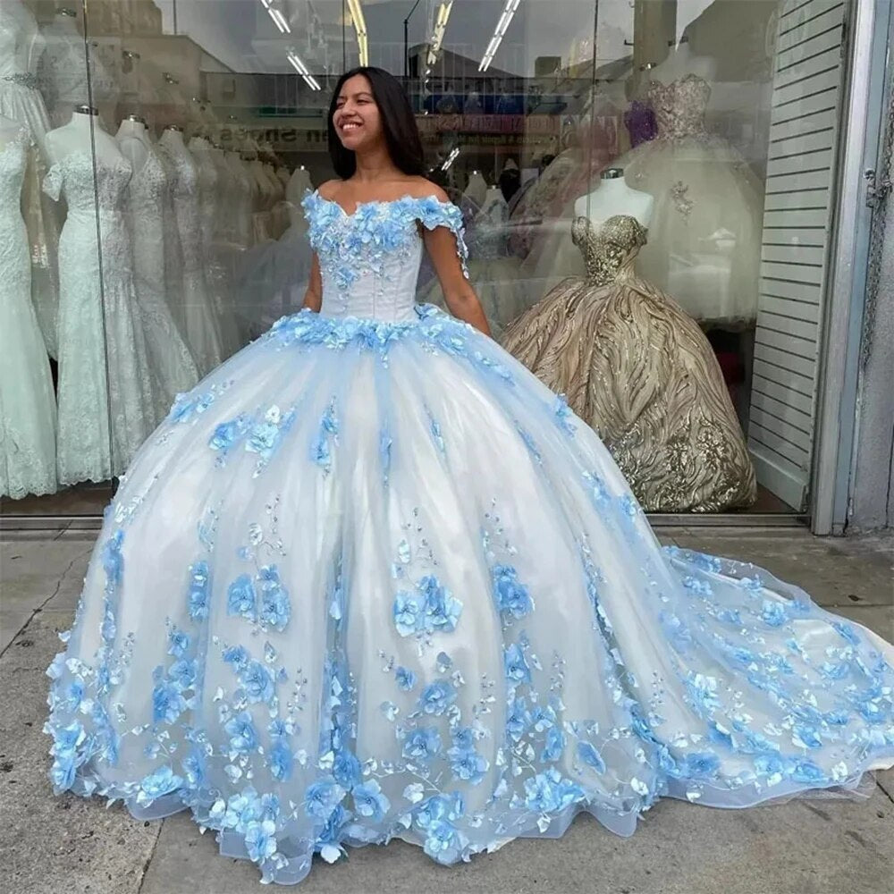 Sky Blue Quinceanera Dress Off-Shoulder Ball Gown with 3D Floral Appliques Beaded Details & Long Train for Sweet 16 or Prom