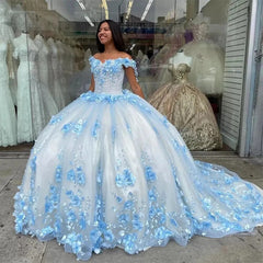 Sky Blue Quinceanera Dress Off-Shoulder Ball Gown with 3D Floral Appliques Beaded Details & Long Train for Sweet 16 or Prom
