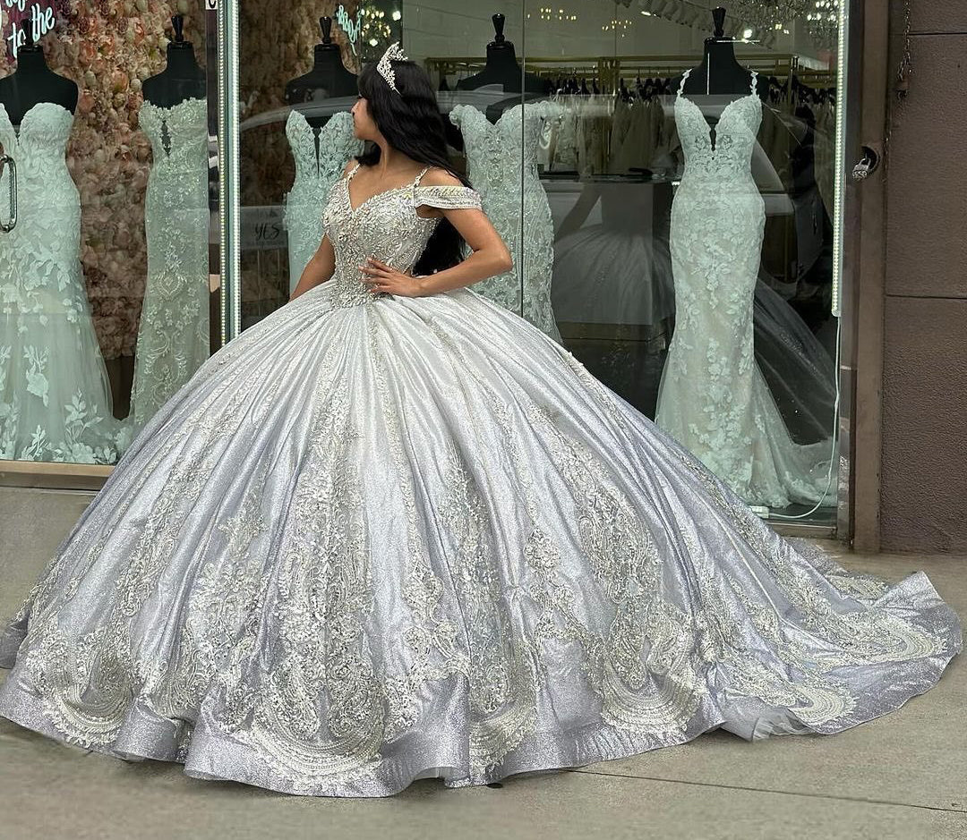 Silver Ball Gown Off-Shoulder Beaded Lace Applique Quinceanera Dress with Sweep Train for Sweet 16 & Princess Parties