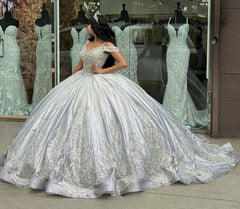 Silver Ball Gown Off-Shoulder Beaded Lace Applique Quinceanera Dress with Sweep Train for Sweet 16 & Princess Parties