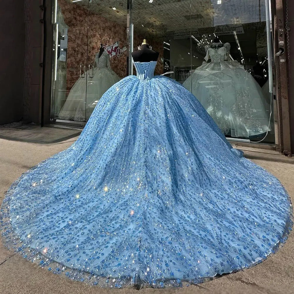 Sky Blue Beaded Ball Gown Strapless Sequined Tulle Quinceanera Dress for Sweet 16 & Princess Birthday Parties