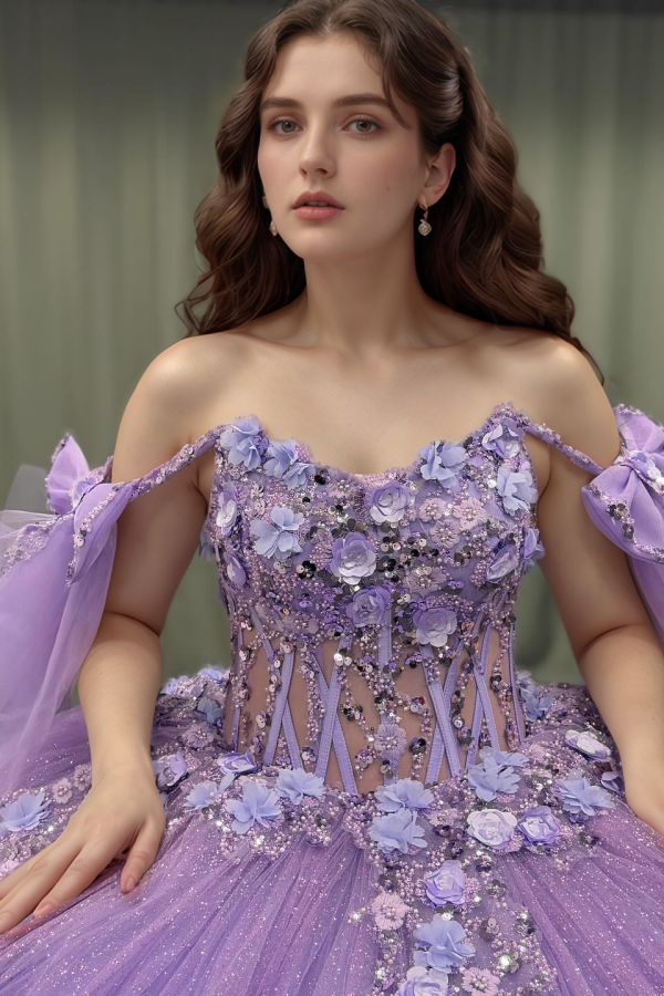 Off-Shoulder Purple Ball Gown Sequined 3D Floral Applique Pleated Tulle Quinceanera & Sweet 16 Party Dress