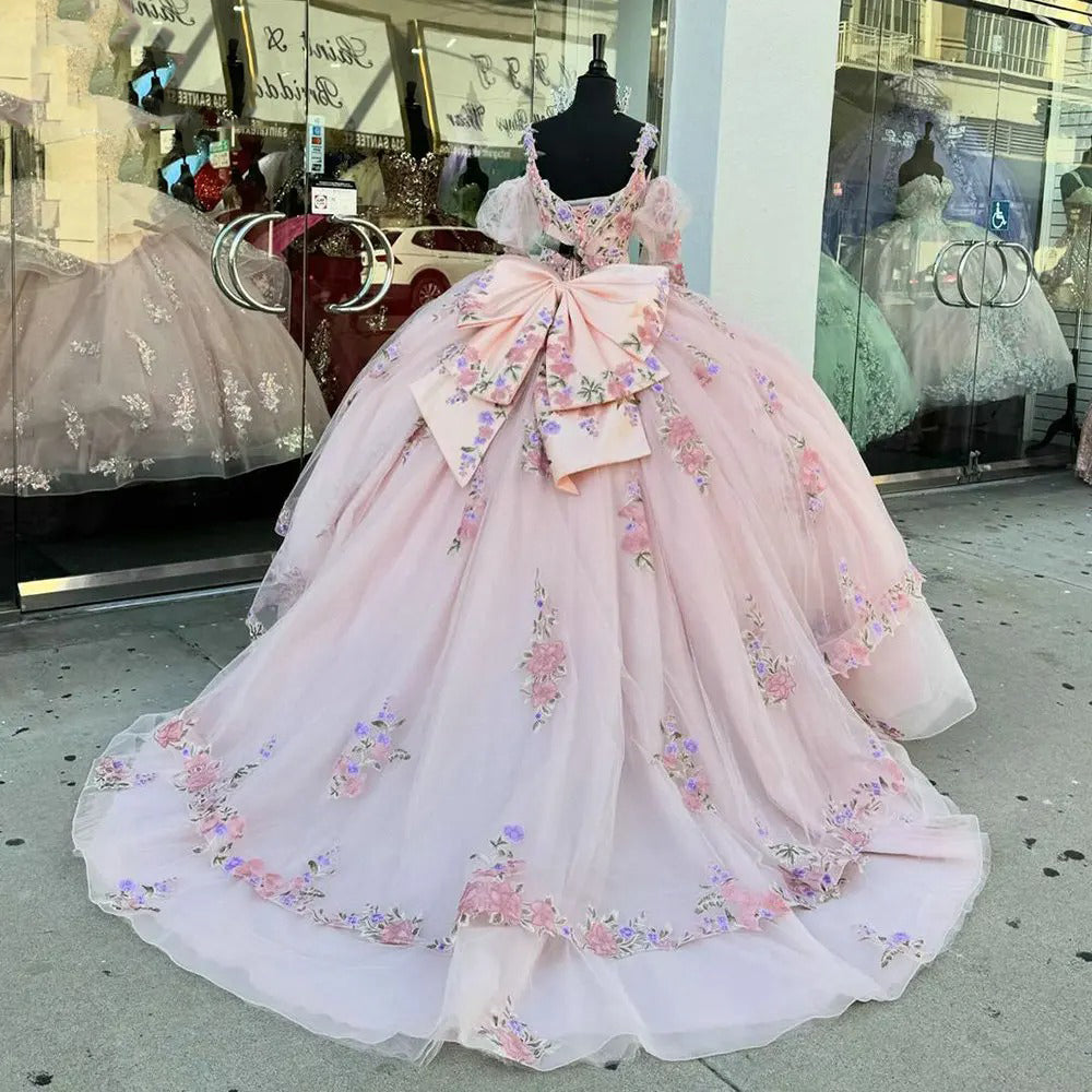 Pink Tulle Quinceanera Dress V-Neck Ball Gown with Floral Lace Beaded Ruffles & Bow Detail for Sweet 16