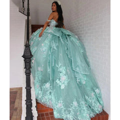 Mint Green Ball Gown Off-Shoulder Lace Applique & Beaded Tiered Tulle Quinceanera Dress for Sweet 16 & Birthday Parties