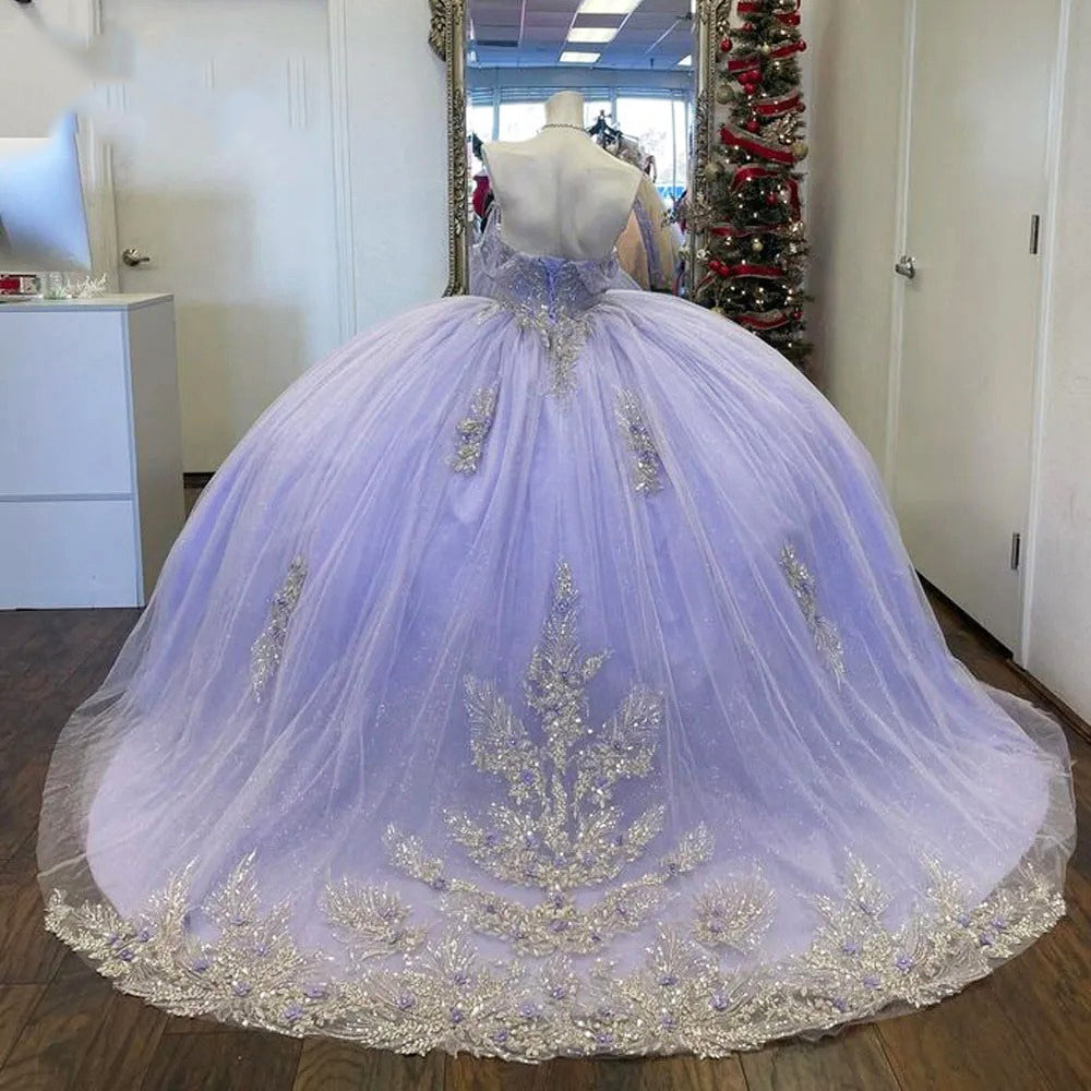 Lavender Off-Shoulder Ball Gown with Lace Appliques & Beaded Sparkle Quinceanera or Sweet 16 Evening Dress