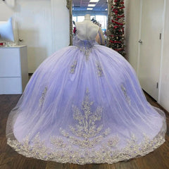 Lavender Off-Shoulder Ball Gown with Lace Appliques & Beaded Sparkle Quinceanera or Sweet 16 Evening Dress