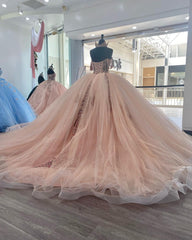 Ball Gown with Sweetheart Neckline Off-Shoulder Sleeveless Lace Applique Tulle Dress in Baby Pink for Prom Quinceanera & Sweet 16