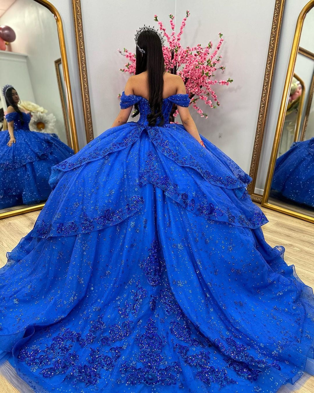 Royal Blue Off-Shoulder Ball Gown Tiered Glitter Tulle Lace Appliques & Beaded Details for Quinceanera Sweet 16 & Evening Galas
