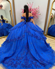 Royal Blue Off-Shoulder Ball Gown Tiered Glitter Tulle Lace Appliques & Beaded Details for Quinceanera Sweet 16 & Evening Galas
