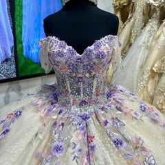 Off-Shoulder Ball Gown with Beaded Floral Lace Appliques Princess Quinceanera & Sweet 16 Birthday Party Dress
