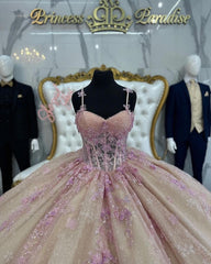 Ball Gown with Sweetheart Neckline Spaghetti Straps & Sequined Lace Appliques Perfect for Quinceanera Sweet 16 and Princess-Themed Parties