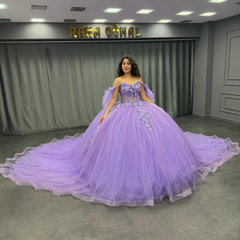 Off-Shoulder Purple Ball Gown Sequined 3D Floral Applique Pleated Tulle Quinceanera & Sweet 16 Party Dress