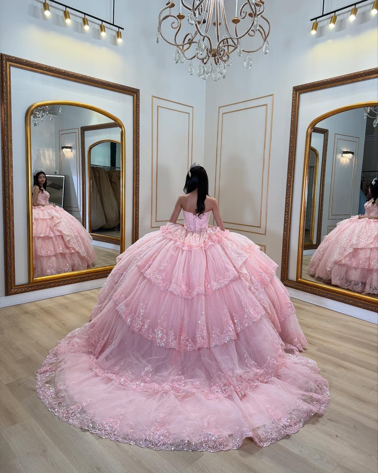 Strapless Ball Gown with Beaded Ruffles & Sequins Sparkly Tulle Quinceanera Dress for Sweet 16 Birthday & Formal Events