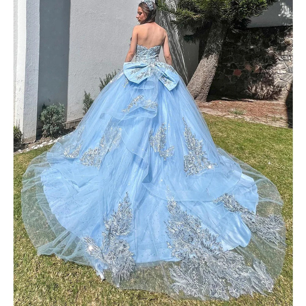 Exquisite Sky Blue Tulle Quinceanera Dress Strapless Ball Gown with Lace Appliques Beaded Details & Tiered Ruffles for Sweet 16 & Birthday Celebrations