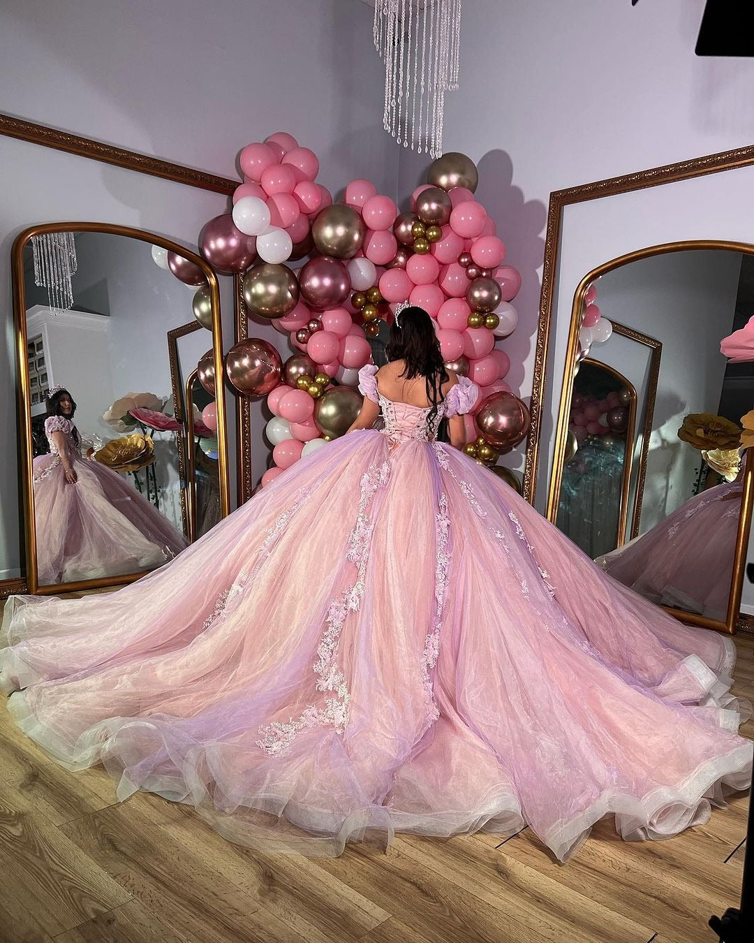 Pink Tulle Princess Ball Gown Sweetheart Neckline with Puff Sleeves Lace Appliques & Beaded Details for Quinceanera Sweet 16 or Evening Galas