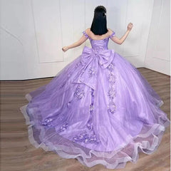 Lilac Off-Shoulder Ball Gown with Beaded 3D Flower Appliques & Bow Knot Perfect for Quinceanera & Sweet 16