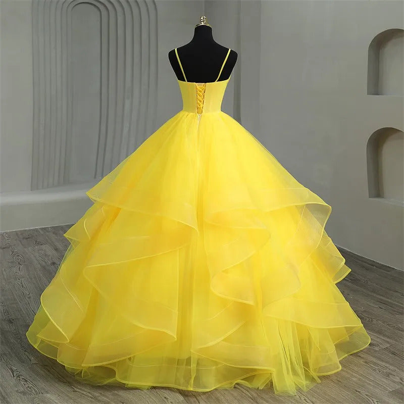 V-Neck Spaghetti Strap Tiered Yellow Tulle Ball Gown Perfect for Quinceanera & Sweet 16 Celebrations