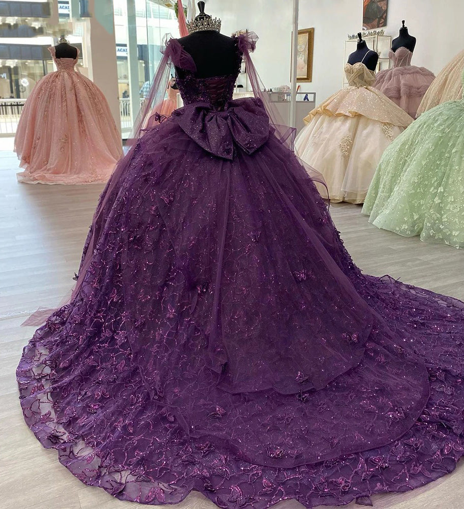 Purple Tulle Quinceanera Dress Strapless Ball Gown with 3D Butterfly Appliques & Bow Knot for Sweet 16 & Princess Parties