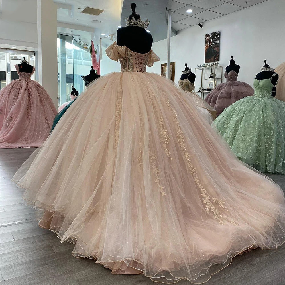 Blush Pink Quinceanera Dress Off-Shoulder Lace Applique Ball Gown with Beaded Details & Sweep Train