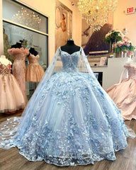Sky Blue Off-Shoulder Ball Gown with 3D Butterfly Lace Applique Quinceanera & Princess Party Dress for Sweet 16