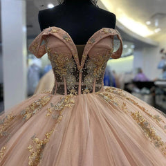 Exquisite Rose Pink Quinceanera Dress Off-Shoulder Lace & Sequins Ball Gown with Sweep Train for Sweet 16 & Princess Galas