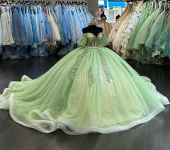 Exquisite Sage Green Ball Gown Off-Shoulder Sequined Lace Princess Dress for Quinceanera & Sweet 16